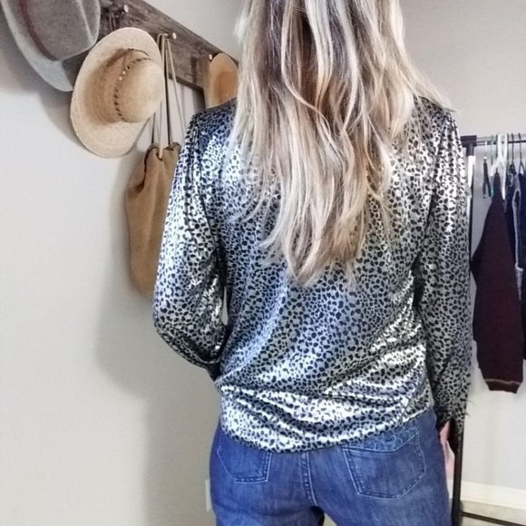 Vintage Blouse Black silver Metallic High Neck - Picture 2 of 8